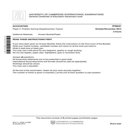 Accounting 9706 41 paper 4 problem solving (supplementary topics) october november 2013 