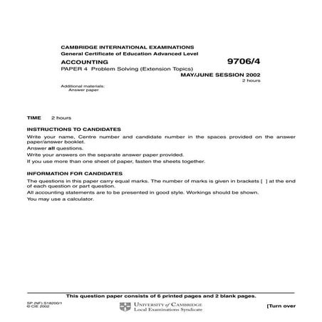 Accounting 97064 paper 4 problem solving (extension topics) may june session 2002 