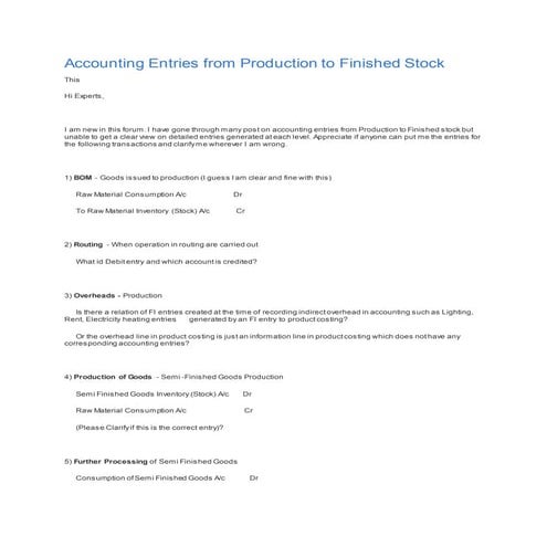 Accounting entries from production to finished stock
