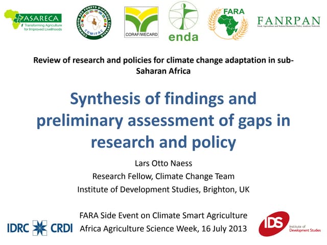 Review of research and policies for climate change adaptation in sub-Saharan Africa - Synthesis of findings and preliminary assessment of gaps in research and policy