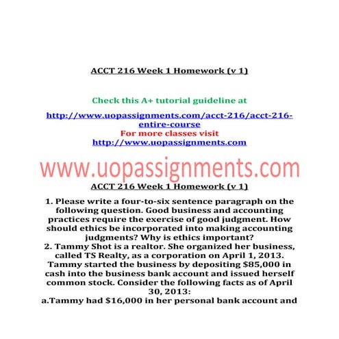 Acct 216 week 1 homework