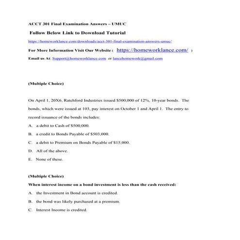 Acct 301 final examination answers   umuc