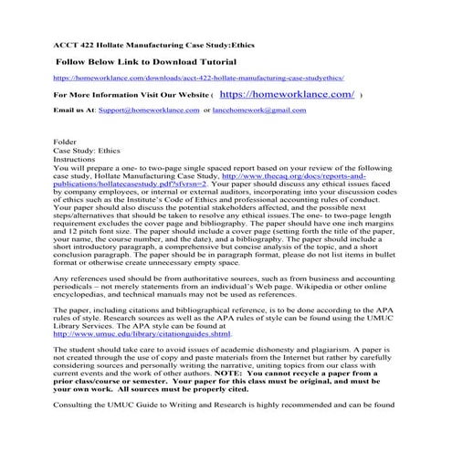 Acct 422 hollate manufacturing case study  ethics