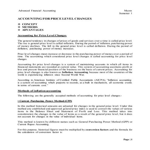 Accounting for Price Level Changes/ Inflation Accounting