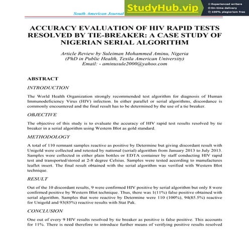ACCURACY EVALUATION OF HIV RAPID TESTS RESOLVED BY TIE-BREAKER  A CASE STUDY OF NIGERIAN SERIAL ALGORITHM