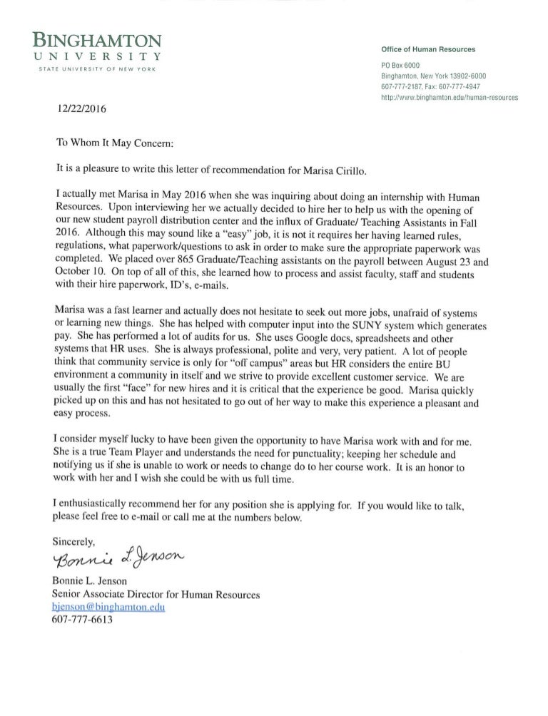 binghamton hr recommendation letter human resource assistant cover letter