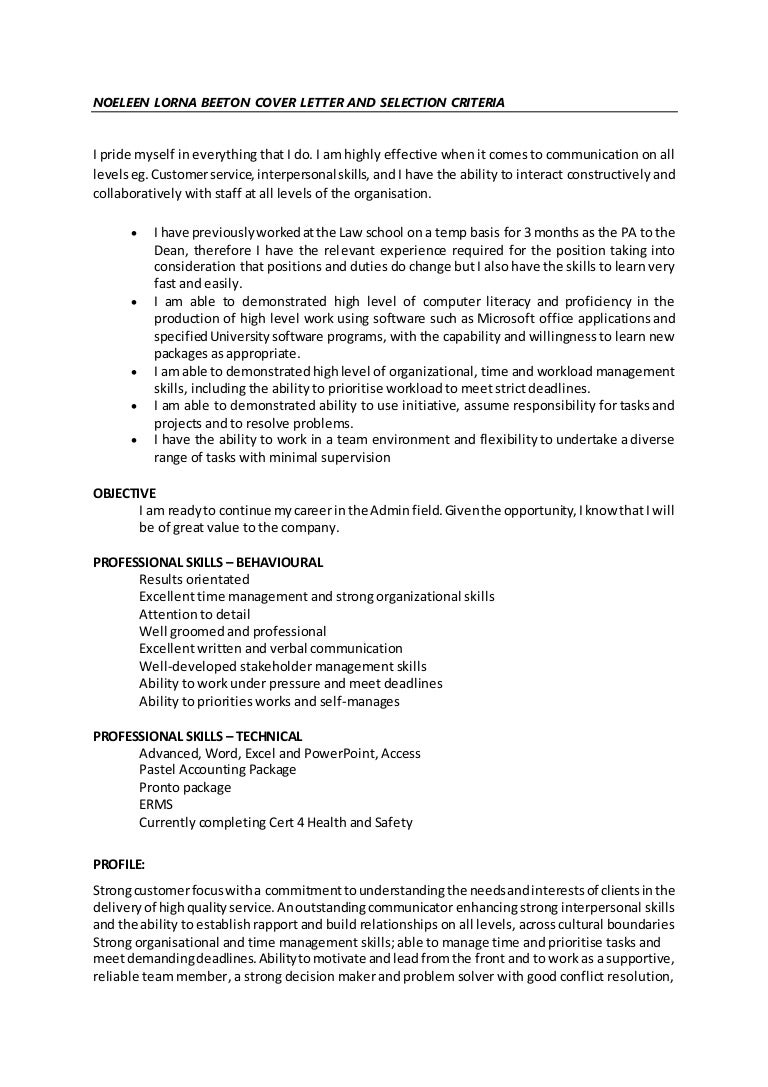 noeleen lorna beeton cover letter and selection criteria 01 april selection criteria cover letter