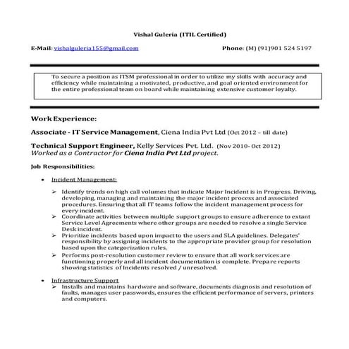 Vishal Guleria (ITIL Certified) IT Service Management Lead Updated Resume