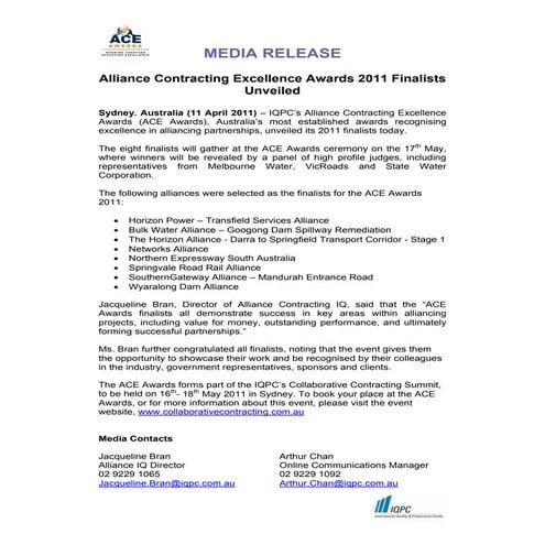 ACE awards finalists announced