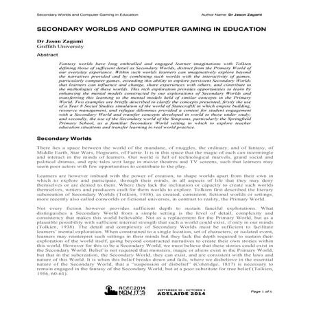 Acec2014 secondary worlds and computer gaming in education