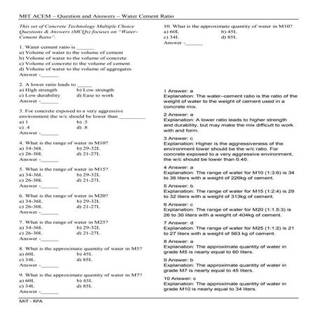 Acem water cement ratio MCQ