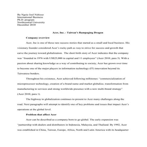 Acer,  Inc.    Taiwan’S  Rampaging  Dragon