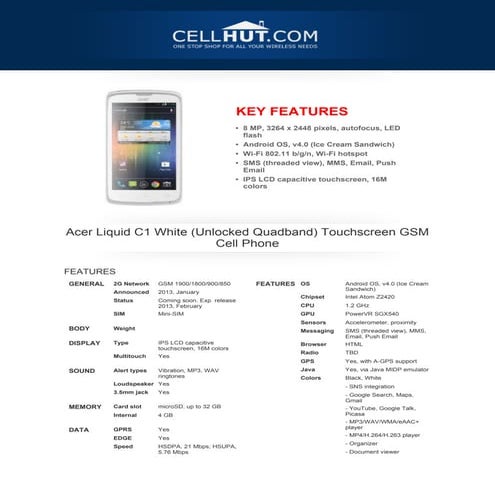 Acer Liquid C1 White Touchscreen GSM Cell Phone-features-specification-at cellhut