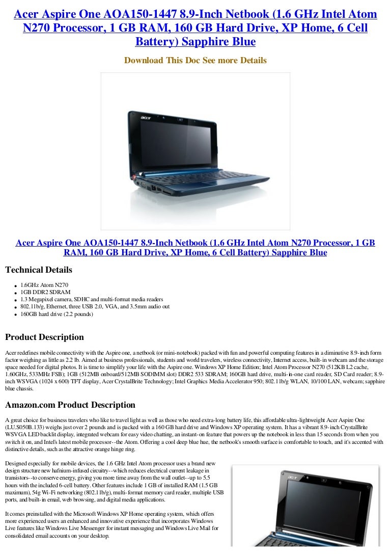 Acer Aspire One Aoa150 1447 8 9 Inch Netbook 1 6 Ghz Intel Atom N270