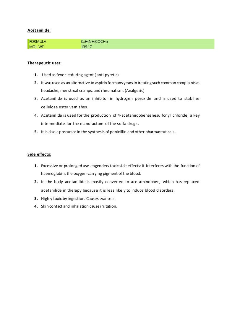 Therapeutic use and side effects of Acetanilide