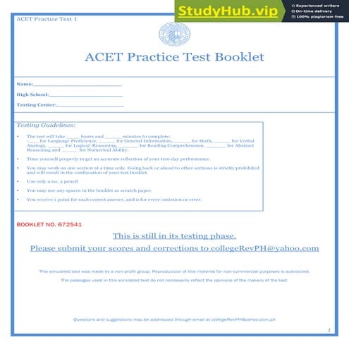 ACET Practice Test 1 ACET Practice Test Booklet
