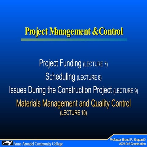 ACH 216 Lecture 10 (Materials Mgmt & Quality Assurance)