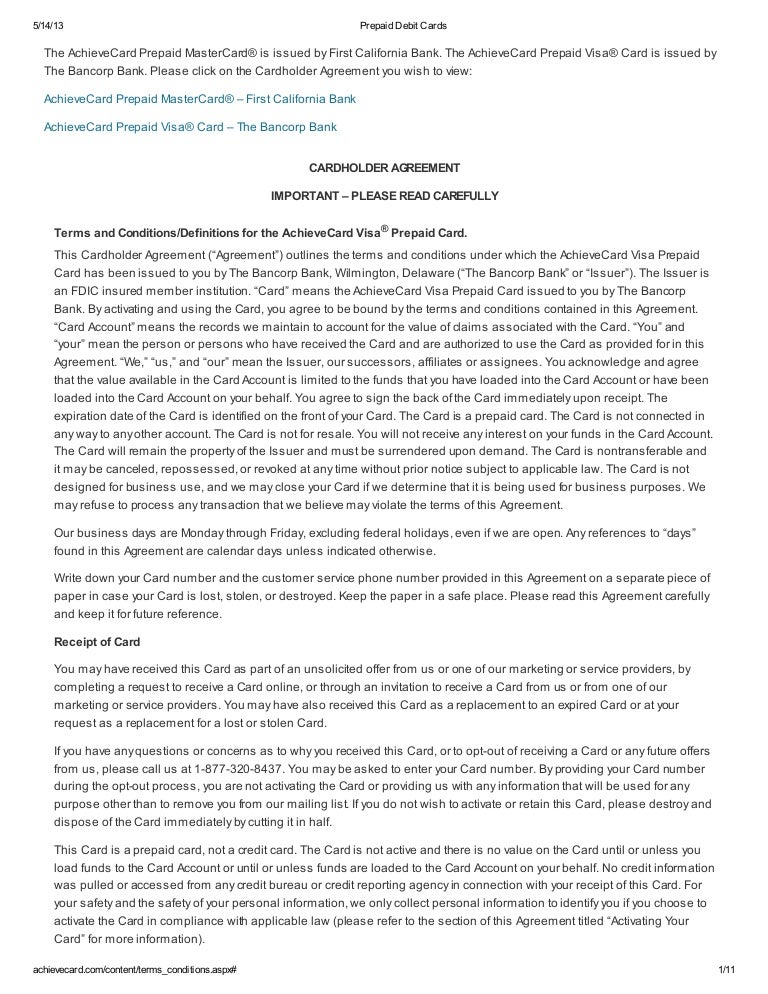 achievecard prepaid visa card cardholder agreement achieve card