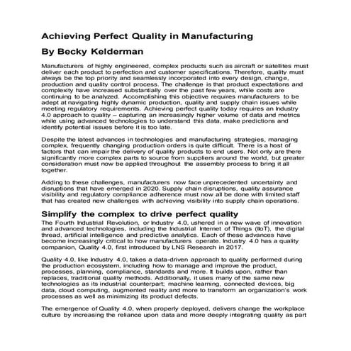 Achieving perfect quality in manufacturing