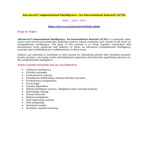 Advanced Computational Intelligence: An International Journal (ACII)