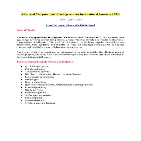 Advanced Computational Intelligence: An International Journal (ACII)