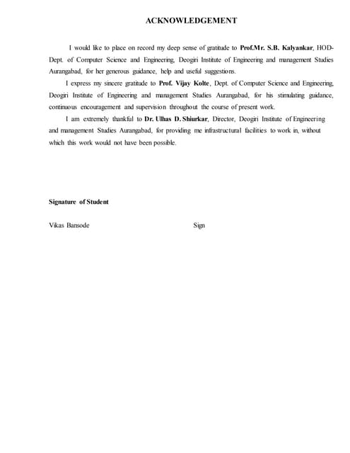 Acknowledgement of seminar report by narayan dudhe