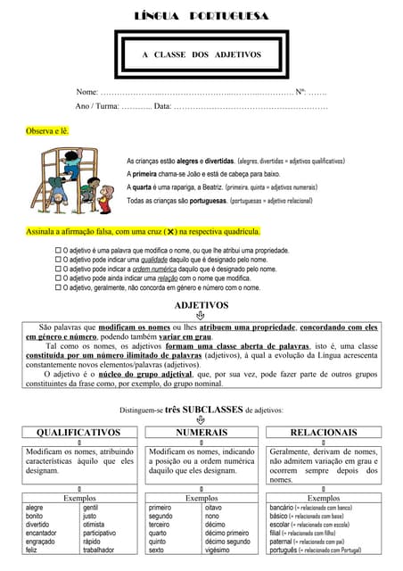 A classe dos adjetivos   ficha de t...