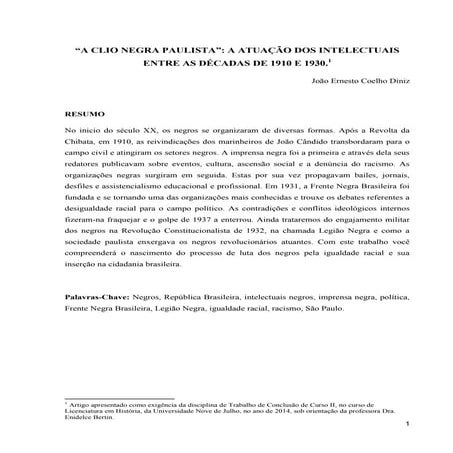 A clio negra paulista   atuaãção dos intelectuais  (1910-1930)