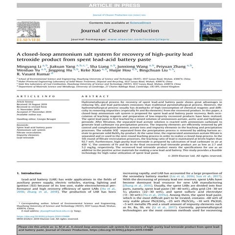 A closed loop ammonium salt system for recovery of high-purity lead tetroxide...