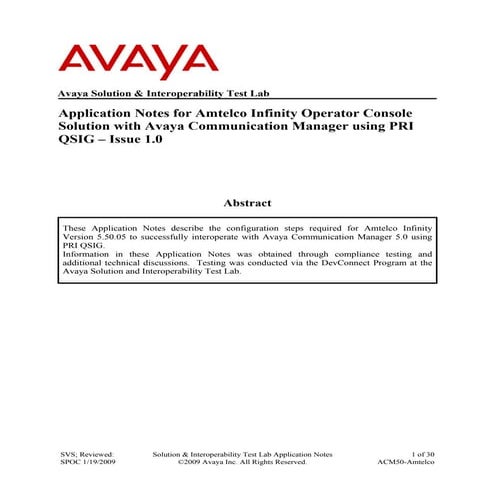 Avaya AMTELCO Infinity Operator Console integration notes