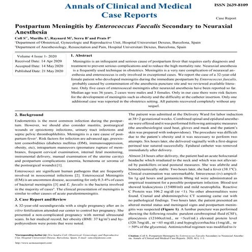 Postpartum Meningitis by Enterococcus Faecalis Secondary to Neuraxial Anesthesia