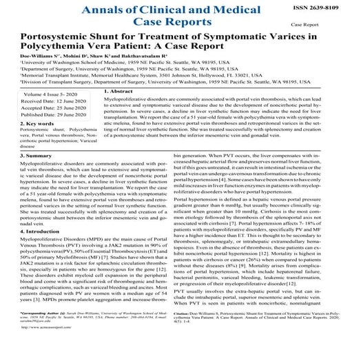 Portosystemic Shunt for Treatment of Symptomatic Varices in Polycythemia Vera Patient: A Case Report Doe