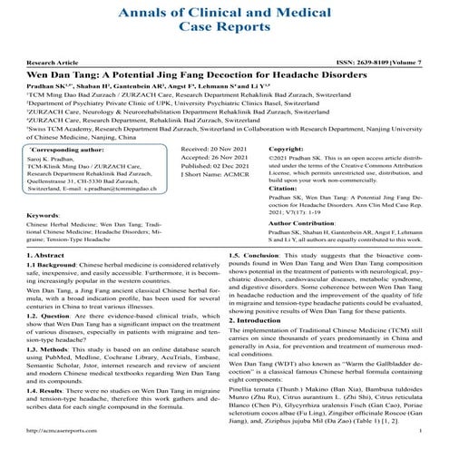 Wen Dan Tang: A Potential Jing Fang Decoction for Headache Disorders