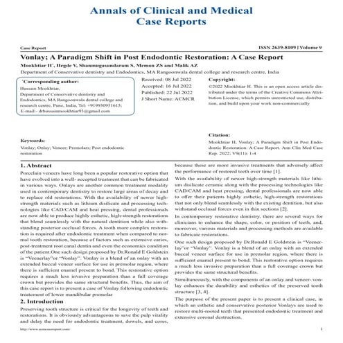 Vonlay; A Paradigm Shift in Post Endodontic Restoration: A Case Report ...
