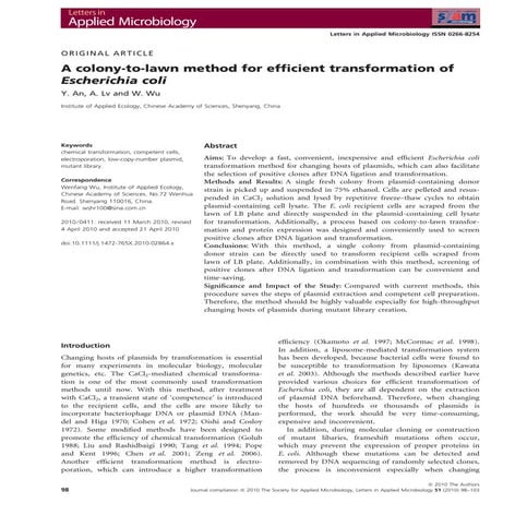 A colony to-lawn method for efficient transformation of escherichia coli
