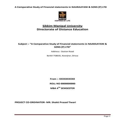 A comparative study of financial statements in naaraayani &amp; sons (p) ltd