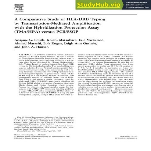 A Comparative Study Of HLA-DRB Typing By Transcription-Mediated Amplification...