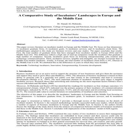 A comparative study of incubators’ landscapes in europe and the middle east