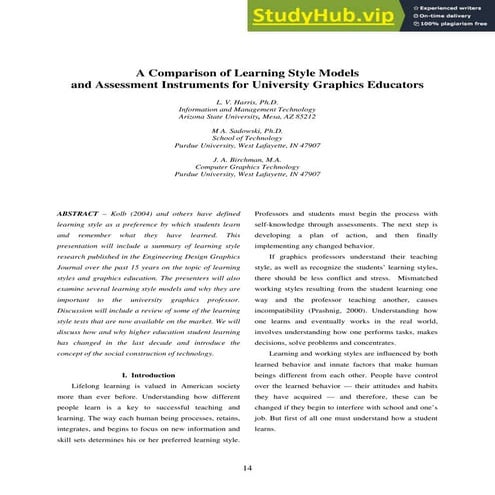 A Comparison Of Learning Style Models And Assessment Instruments For Universi...