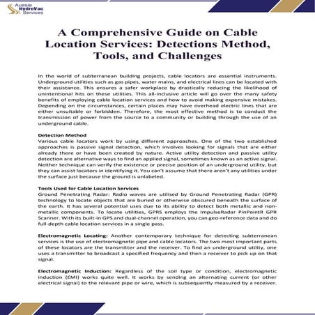 A Comprehensive Guide on Cable Location Services Detections Method, Tools, an...