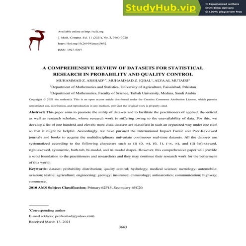 A Comprehensive Review Of Datasets For Statistical Research In Probability An...