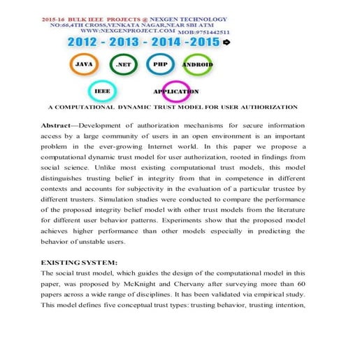 A COMPUTATIONAL DYNAMIC TRUST MODEL FOR USER AUTHORIZATION - IEEE ...