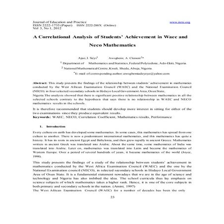 Acorrelationalanalysisofstudentsachievementinwaecandnecomathematics 120126063...