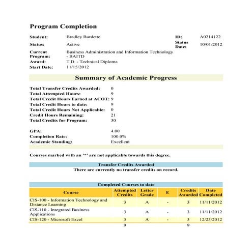 MBA Transcript - November, 2011 | PDF