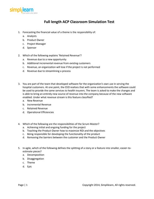 PMI ACP Classroom Question Paper