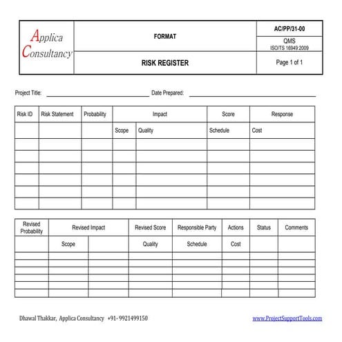 Risk register or Risk log - A template to list down all the indentified Risk 