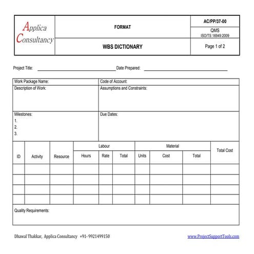 WBS dictionary: Work Breakdown Structure Dictionary
