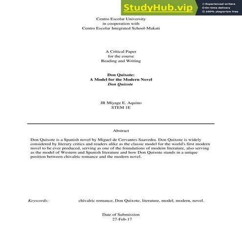 A Critical Paper for the course Reading and Writing. Don Quixote  A Model for the Modern Novel.pdf