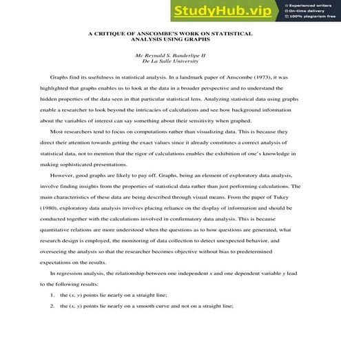 A Critique Of Anscombe S Work On Statistical Analysis Using Graphs (2013 Home...