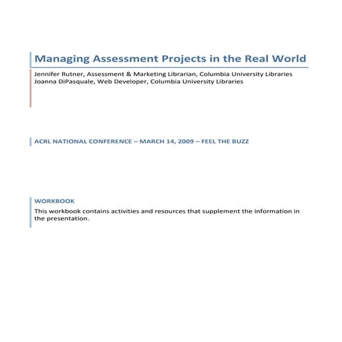Assessment Project Management in the Real World - Work Book